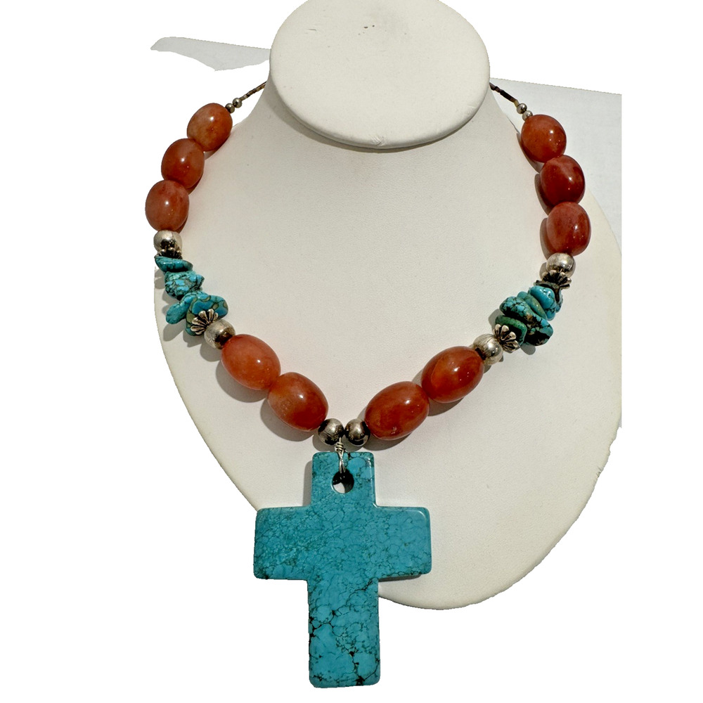 Solid Turquoise Cross Necklace Coral and Sterling Nuggets Heishi Beads 22" 114 g